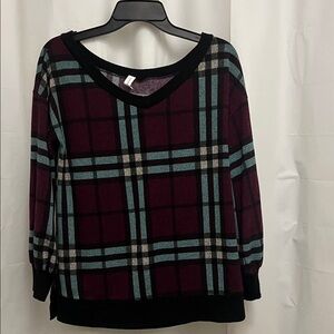 Honeyme Burgundy Plaid VNeck Sweater with Teal and Black Trim